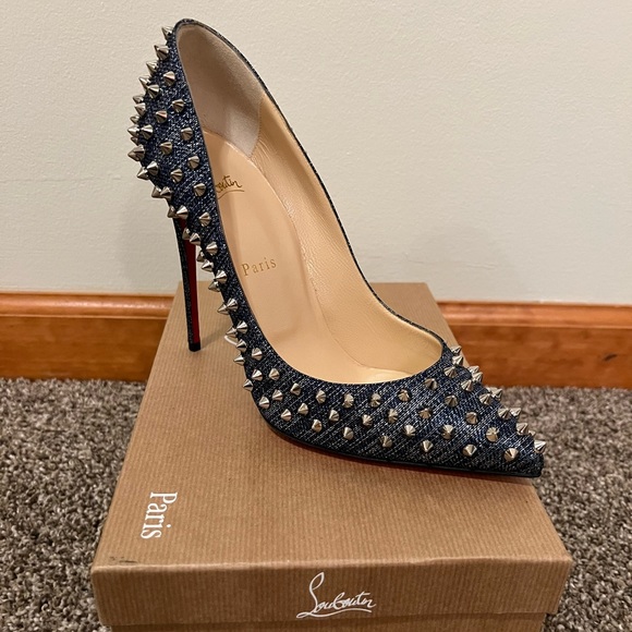 Christian Louboutin Shoes - 🚨 Christian Lounoutin Follies Spikes 100 Lame Lux Denim/Silver